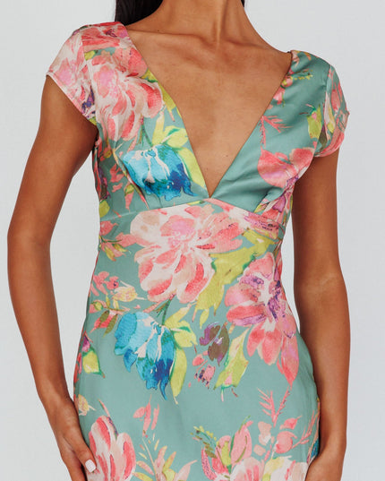 Olive Cap Sleeve Twist Back Midi Dress Floral