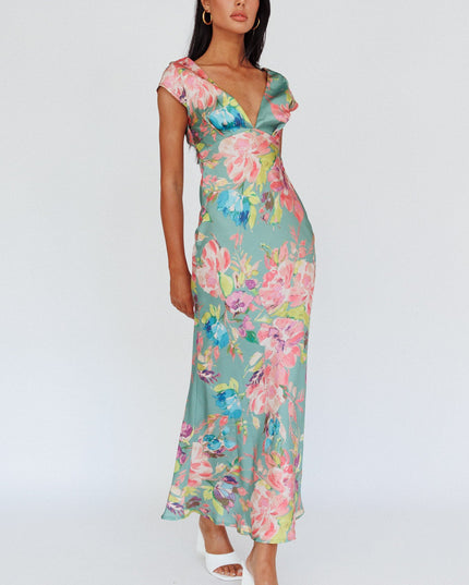 Olive Cap Sleeve Twist Back Midi Dress Floral