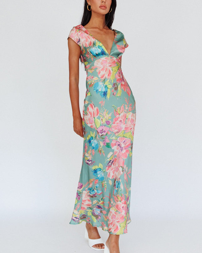 Olive Cap Sleeve Twist Back Midi Dress Floral