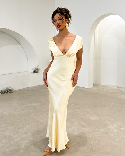 Yellow V-Neck Twist Back Midi Dress