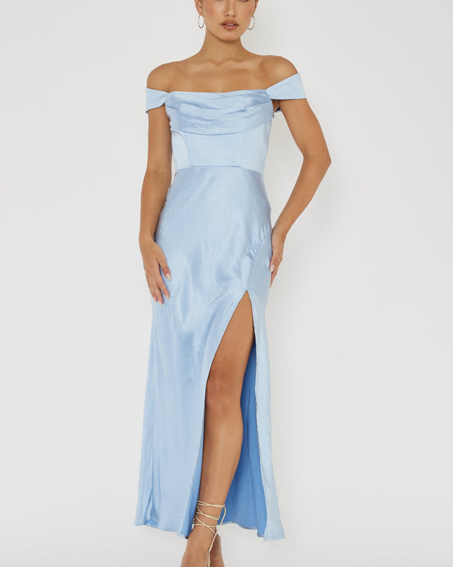 Blue Off-Shoulder V-Back Dress