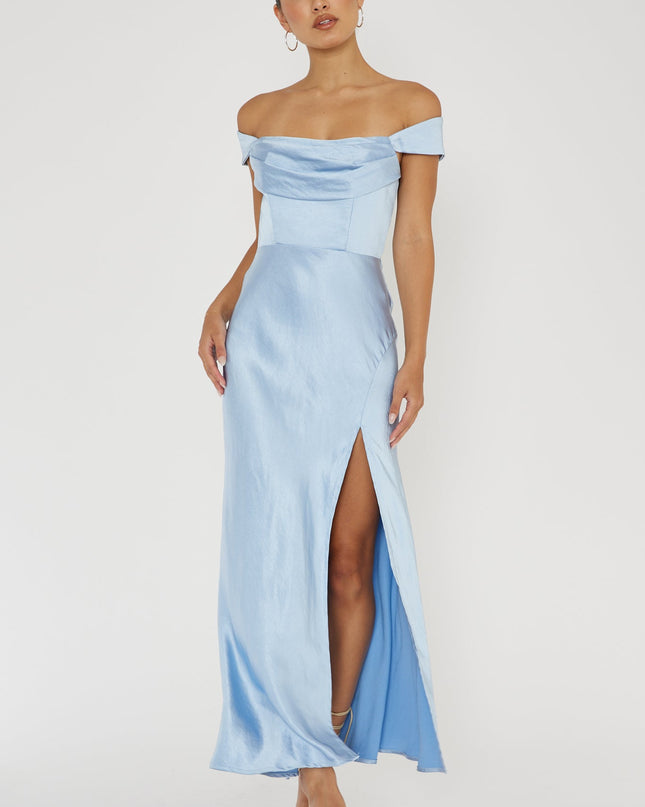 Blue Off-Shoulder V-Back Dress
