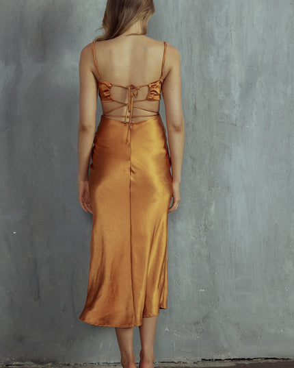 Bronze Cut-Out Waist Strappy Back Midi Dress