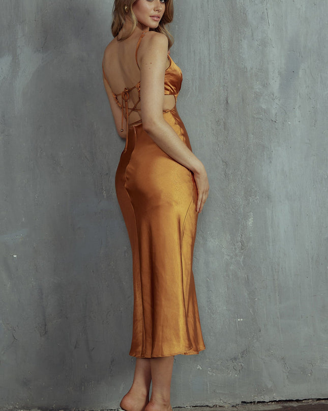 Bronze Cut-Out Waist Strappy Back Midi Dress