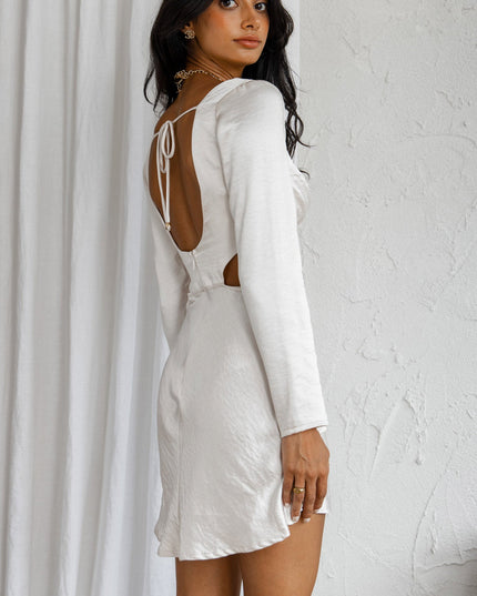 Champagne Stirred Cut-Out Waist Long Sleeve Pleat Mini Dress
