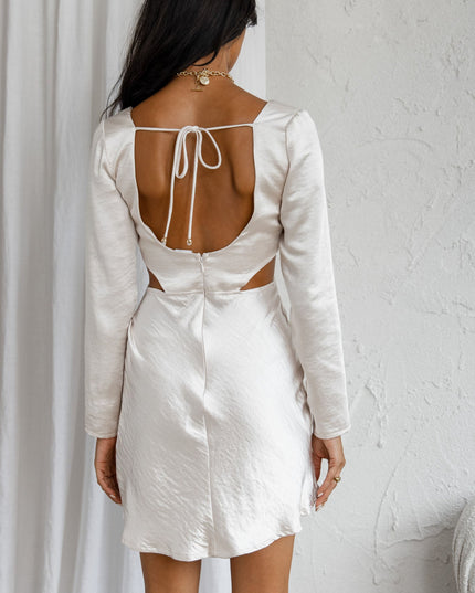 Champagne Stirred Cut-Out Waist Long Sleeve Pleat Mini Dress