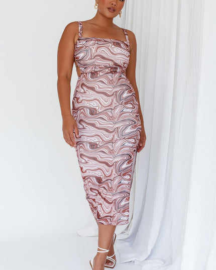 Brown Lace-Up Back Side Split Midi Dress Marbled