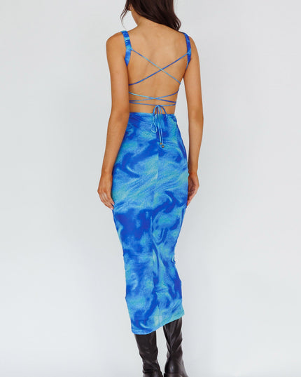 Blue Lace-Up Back Side Split Maxi Dress Swirl