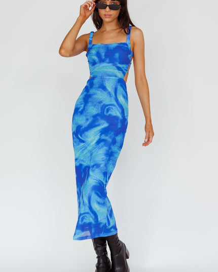 Blue Lace-Up Back Side Split Maxi Dress Swirl