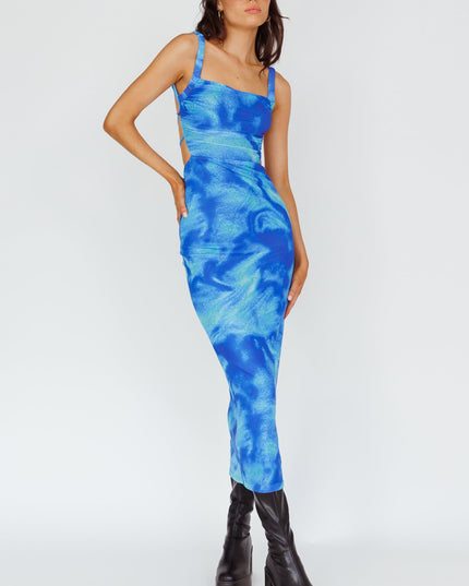 Blue Lace-Up Back Side Split Maxi Dress Swirl