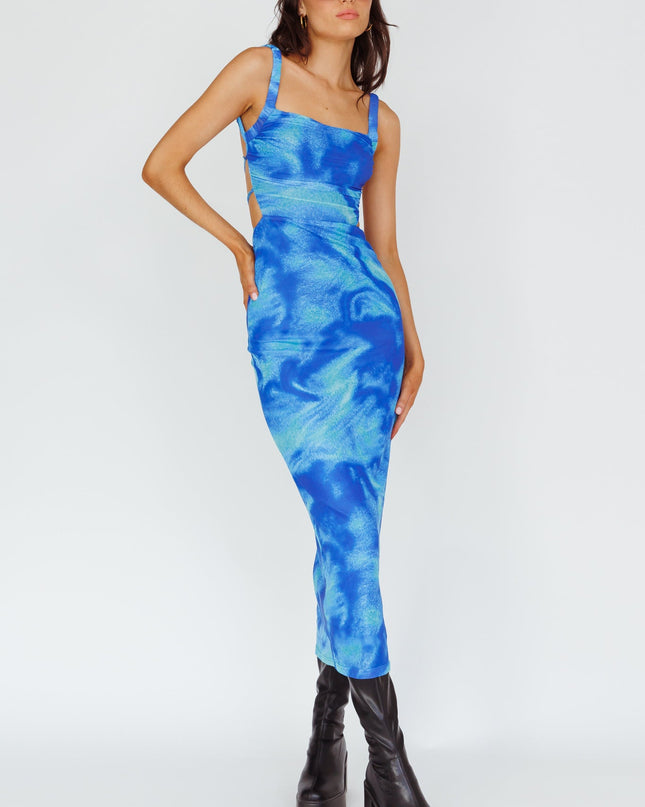 Blue Lace-Up Back Side Split Maxi Dress Swirl