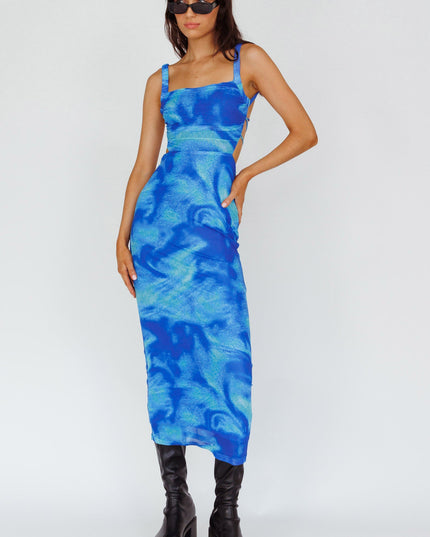 Blue Lace-Up Back Side Split Maxi Dress Swirl
