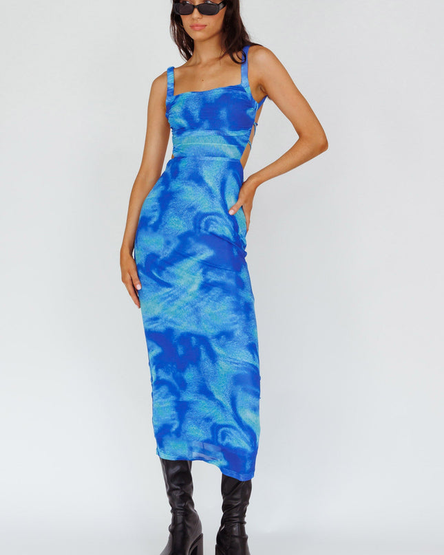 Blue Lace-Up Back Side Split Maxi Dress Swirl