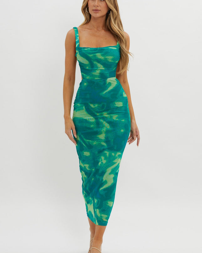 Green Lace-Up Back Side Split Maxi Dress Swirl