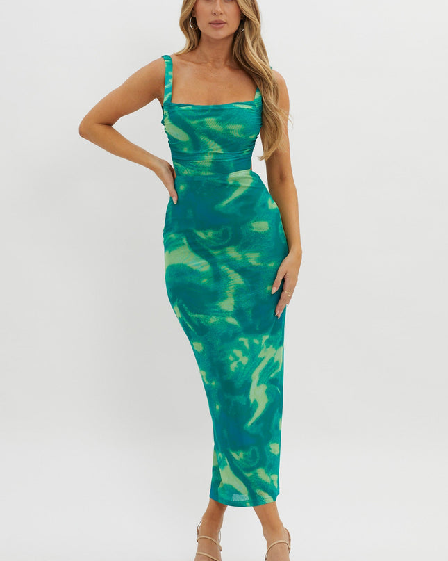 Green Lace-Up Back Side Split Maxi Dress Swirl