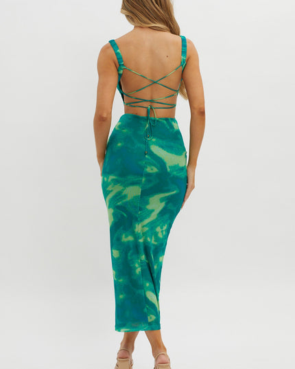 Green Lace-Up Back Side Split Maxi Dress Swirl