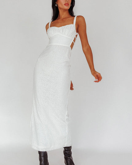 White Lace-Up Back Mesh Overlay Midi Dress