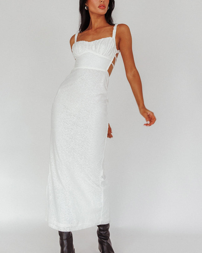 White Lace-Up Back Mesh Overlay Midi Dress