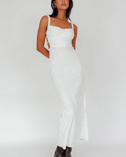 White Lace-Up Back Mesh Overlay Midi Dress
