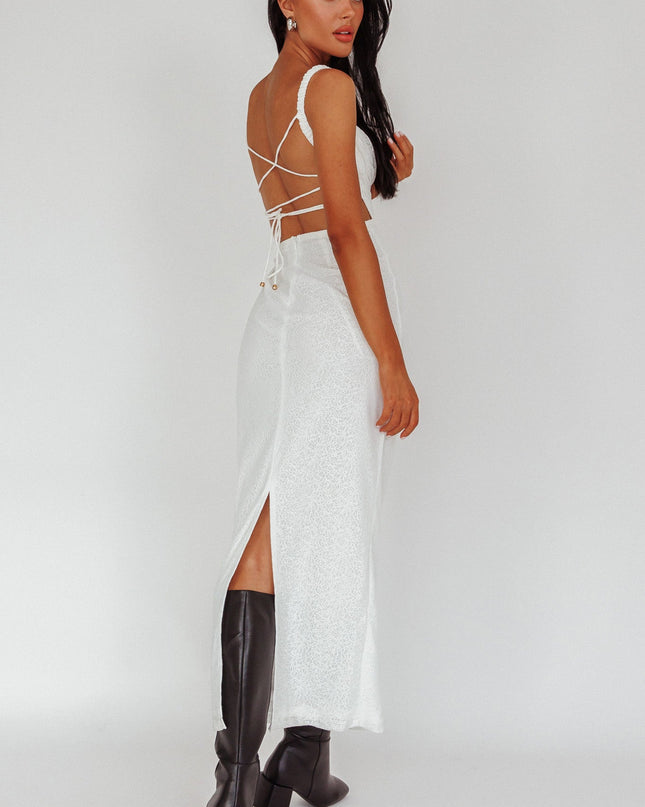 White Lace-Up Back Mesh Overlay Midi Dress