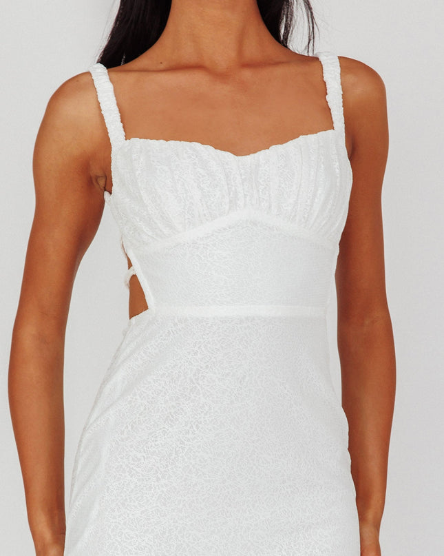 White Lace-Up Back Mesh Overlay Midi Dress