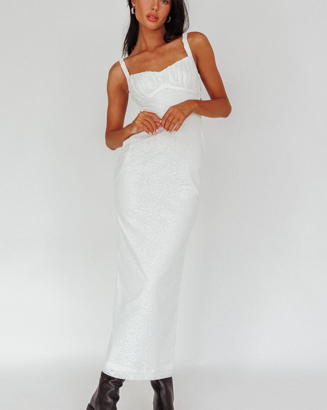 White Lace-Up Back Mesh Overlay Midi Dress