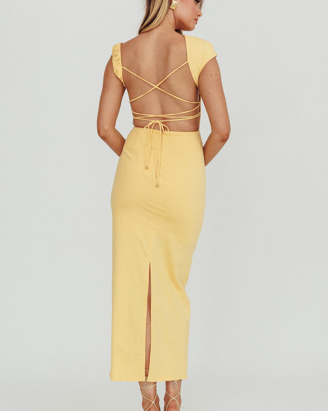 Lemon Asymmetric Neckline Midi Dress