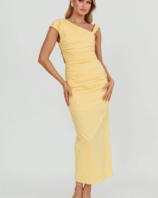 Lemon Asymmetric Neckline Midi Dress