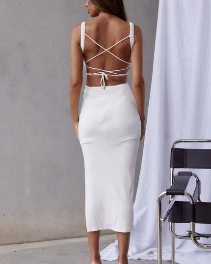 White Lace-Up Back Side Split Midi Dress