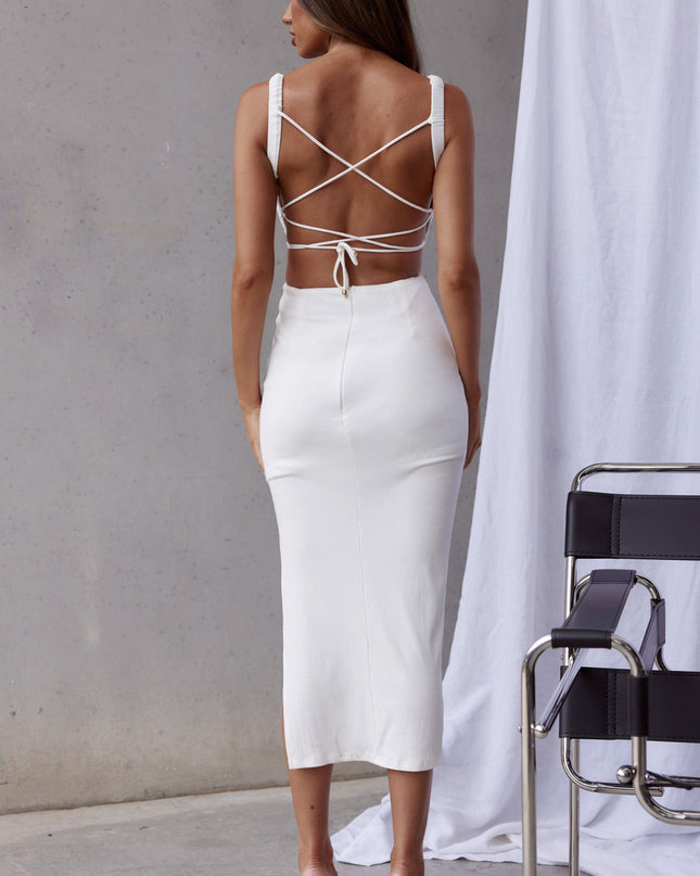 White Lace-Up Back Side Split Midi Dress