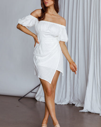 White Off-Shoulder Puff Sleeve Dress