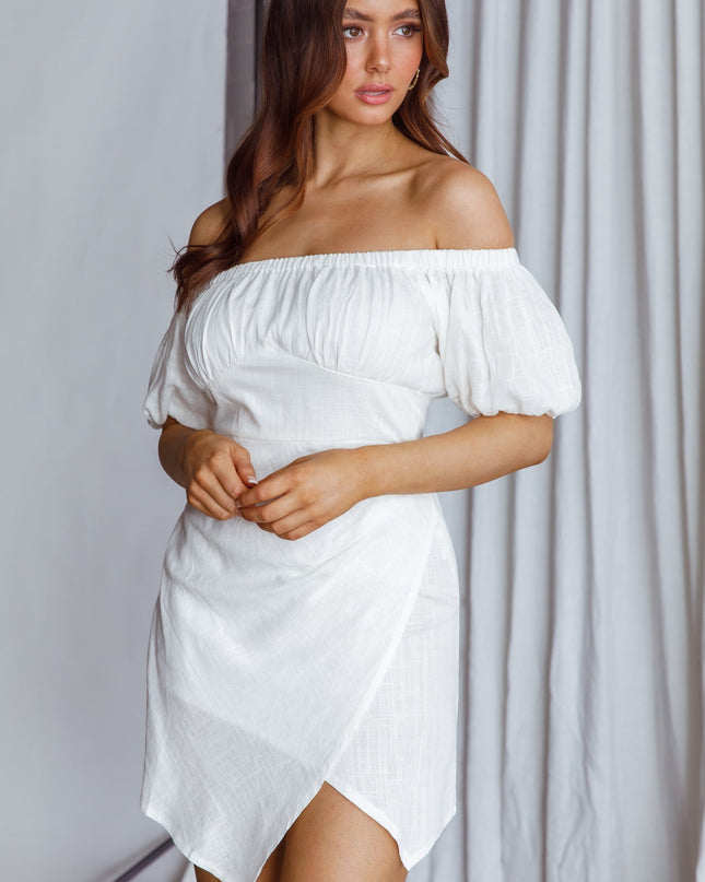 White Off-Shoulder Puff Sleeve Dress