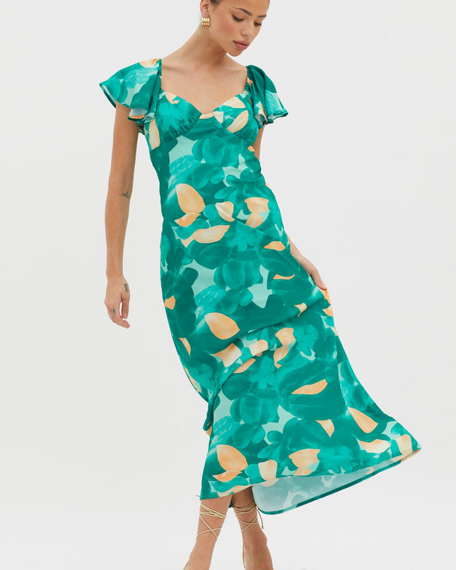 Green Flutter Sleeve Midi Dress Abstract