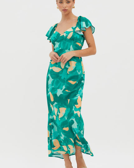 Green Flutter Sleeve Midi Dress Abstract