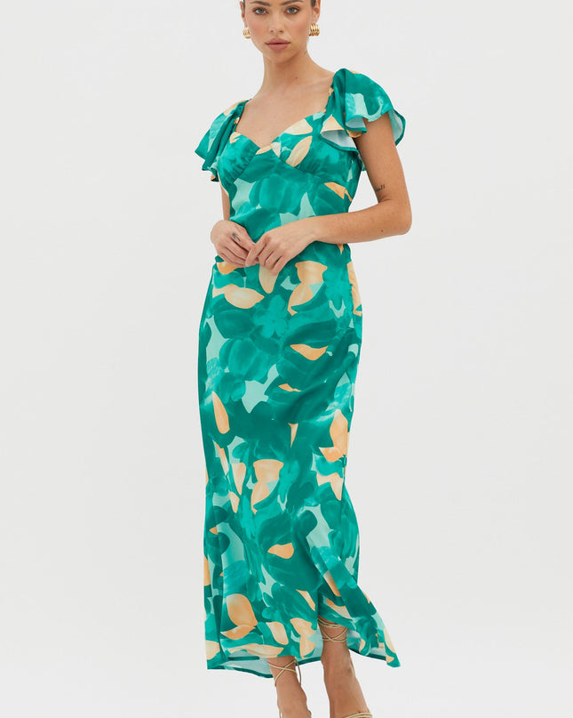 Green Flutter Sleeve Midi Dress Abstract