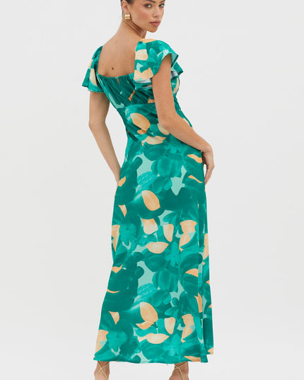 Green Flutter Sleeve Midi Dress Abstract