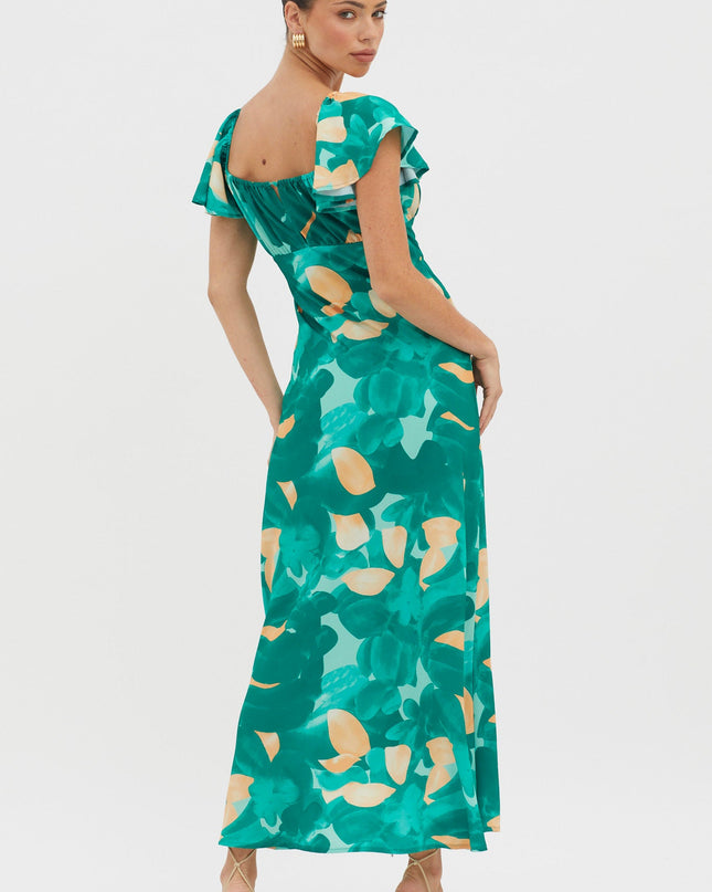 Green Flutter Sleeve Midi Dress Abstract