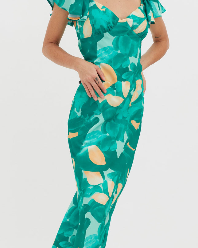 Green Flutter Sleeve Midi Dress Abstract