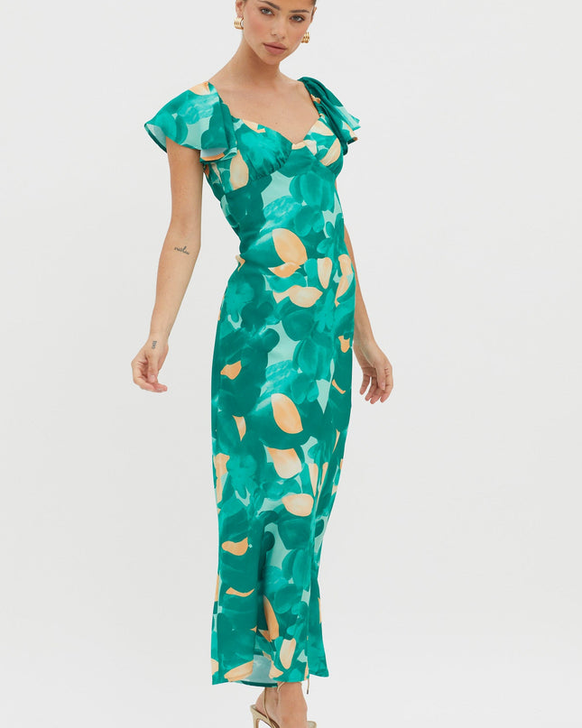 Green Flutter Sleeve Midi Dress Abstract