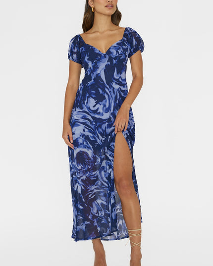 Blue Puff Sleeve Midi Dress Print