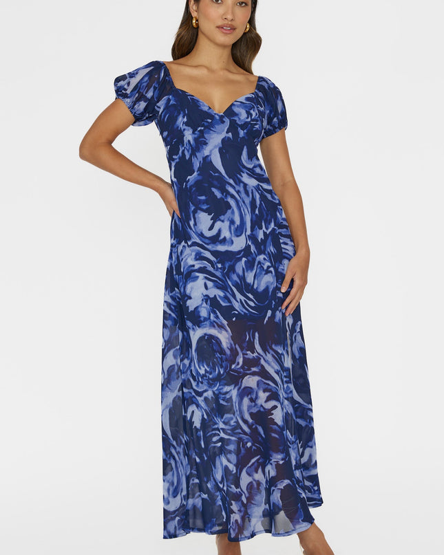 Blue Puff Sleeve Midi Dress Print