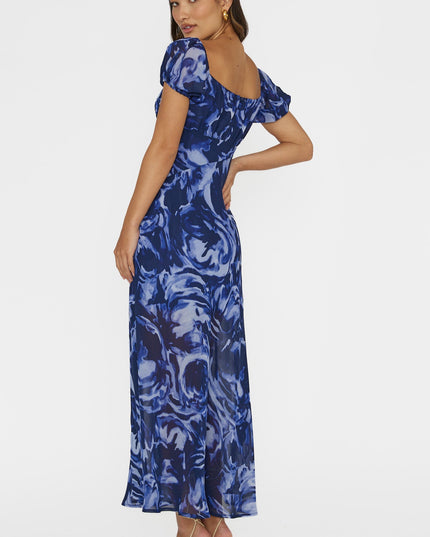 Blue Puff Sleeve Midi Dress Print
