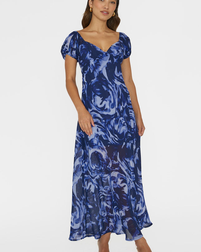 Blue Puff Sleeve Midi Dress Print