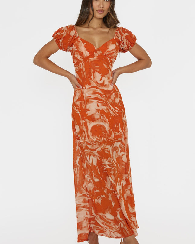 Orange Puff Sleeve Midi Dress Print