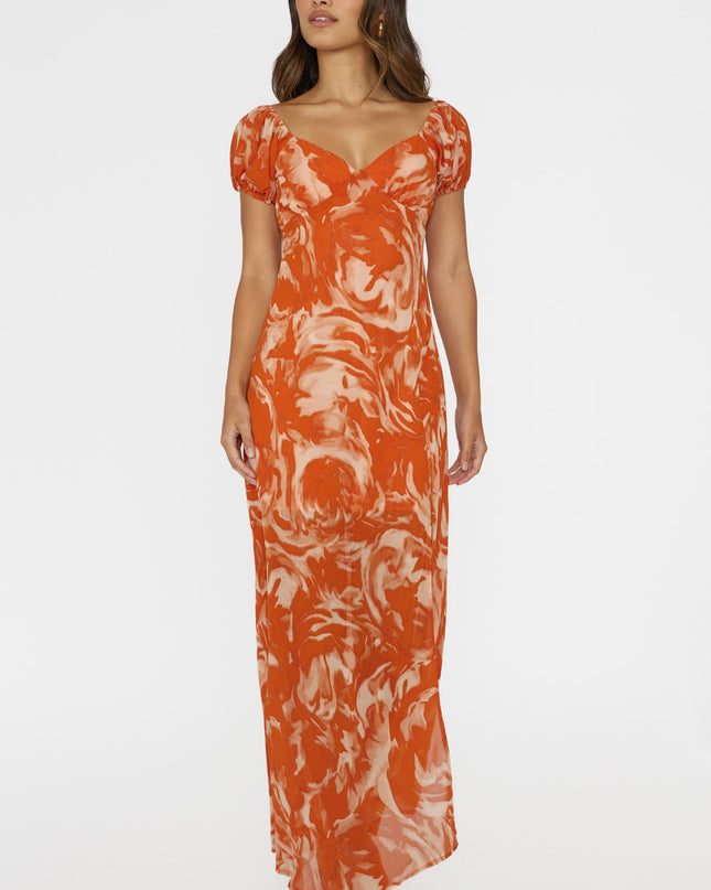 Orange Puff Sleeve Midi Dress Print