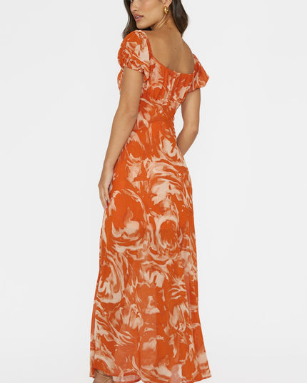 Orange Puff Sleeve Midi Dress Print