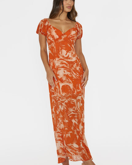 Orange Puff Sleeve Midi Dress Print