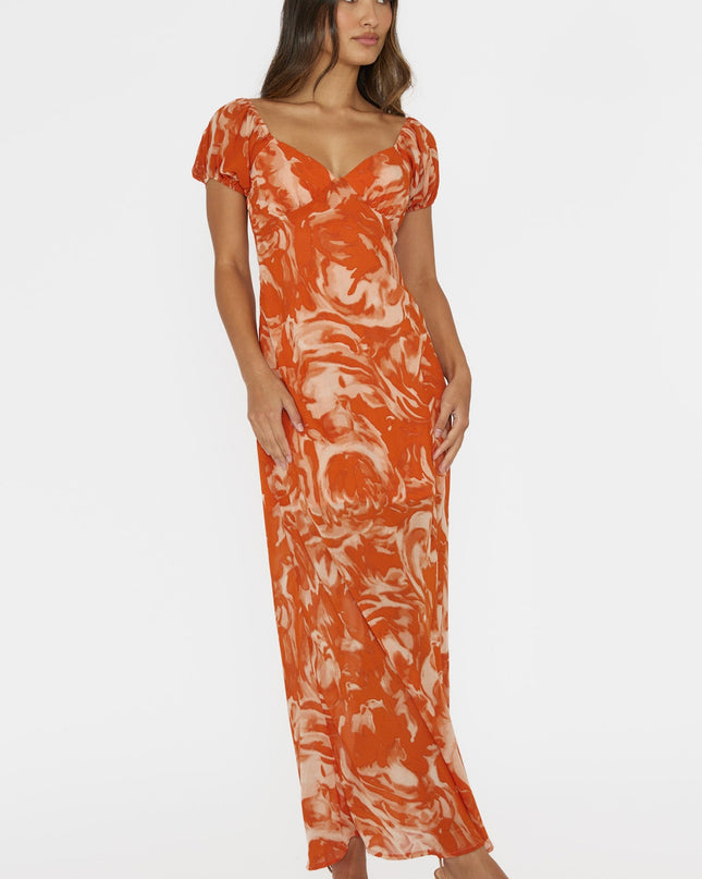 Orange Puff Sleeve Midi Dress Print