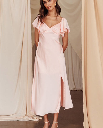 Blush Flutter Sleeve Side Split Midi Dress