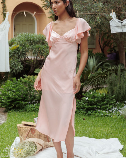 Blush Flutter Sleeve Side Split Midi Dress